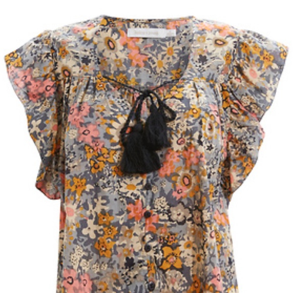 bishop + young Floral Tassel Split-Neck Blouse in Gray, Pink, Mustard